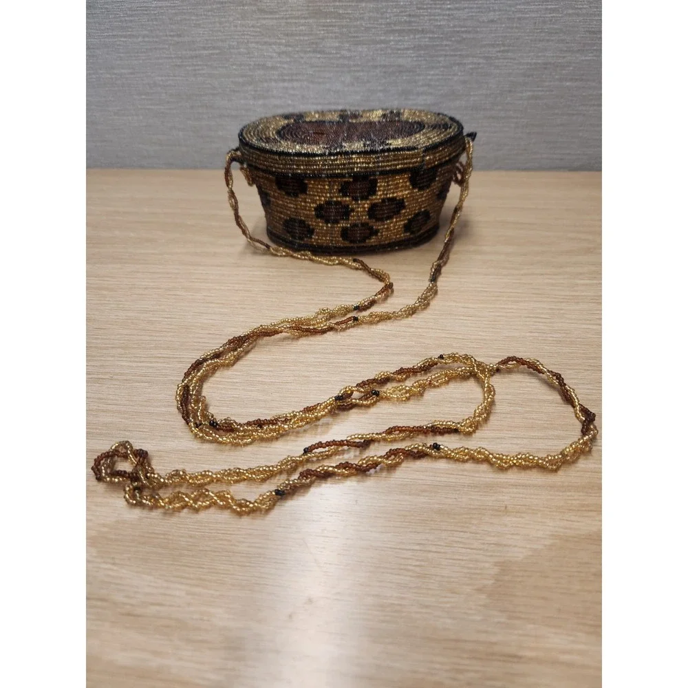 Vintage Seed Bead Hand Beaded Wire Hanging Trinket Box Purse‎ Lidded Brown Gold